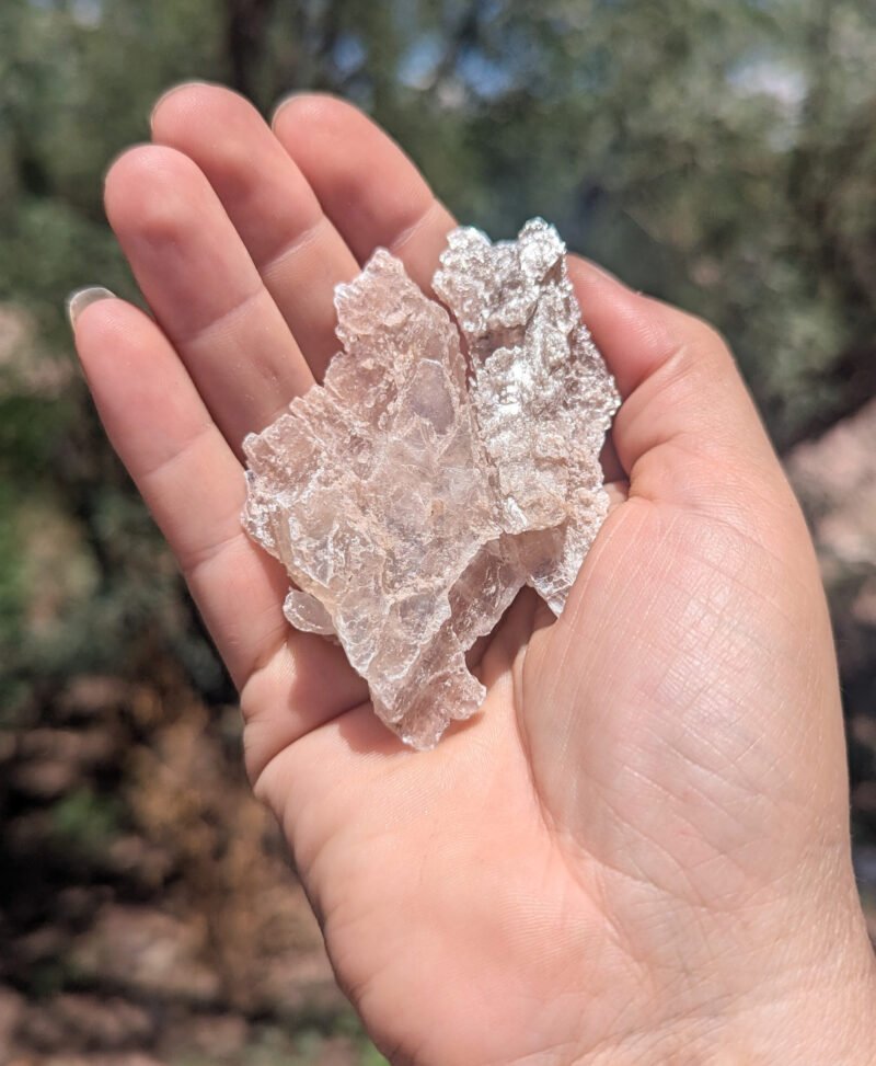 Pink Selenite Palm Stone #1 for sale and found by Regina Cal, Rustic Skills