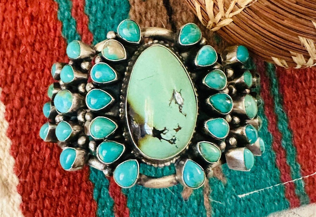 Navajo Sterling Silver and Carico Lake Turquoise Cluster Cuff Bracelet