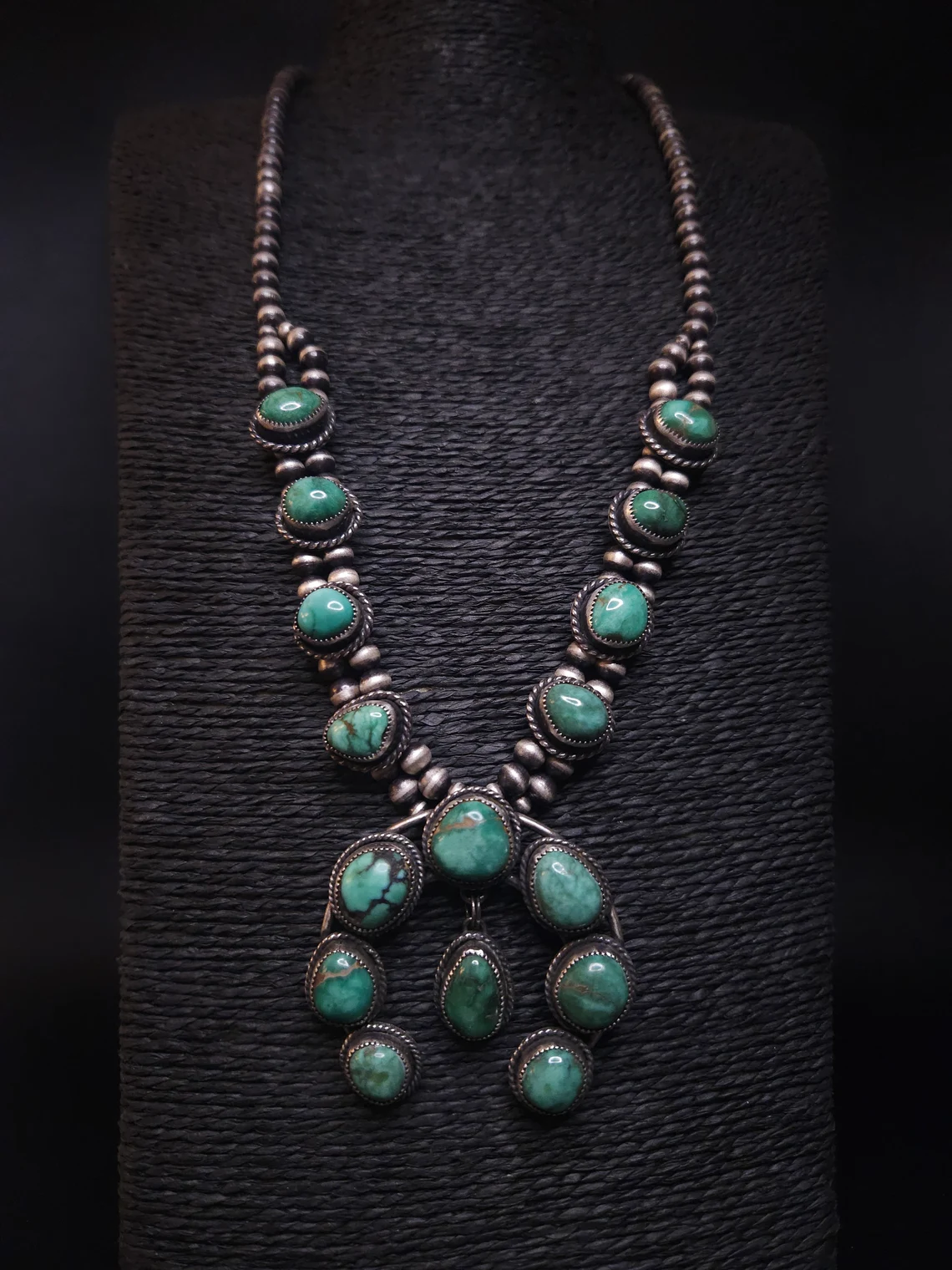 deep green carico lake turquoise squash blossom necklace